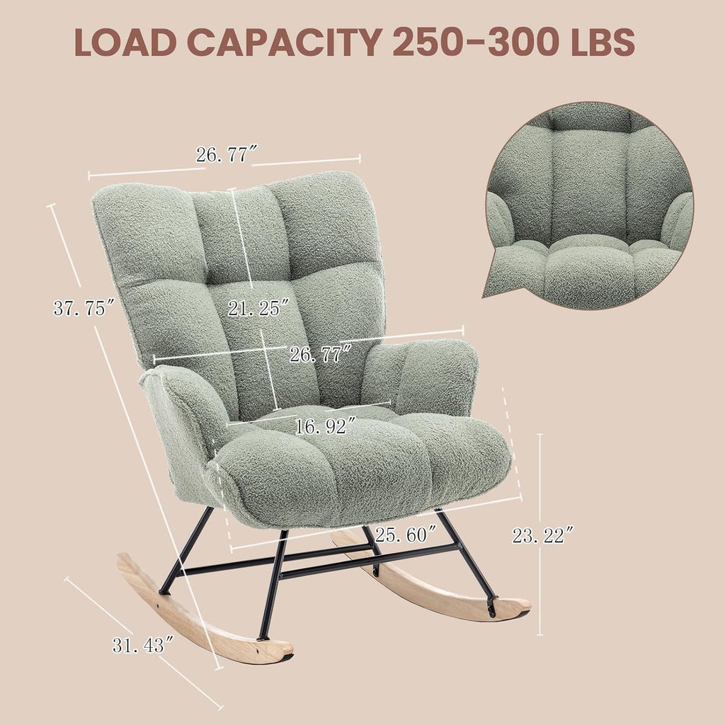 SAETSFEG Rocking Chair Nursery Teddy Upholstered Glider Rocker Rocking Accent Chair Padded Seat with High Backrest Armchair Comfy Side Chair for Living Room Bedroom Offices (Green Teddy)