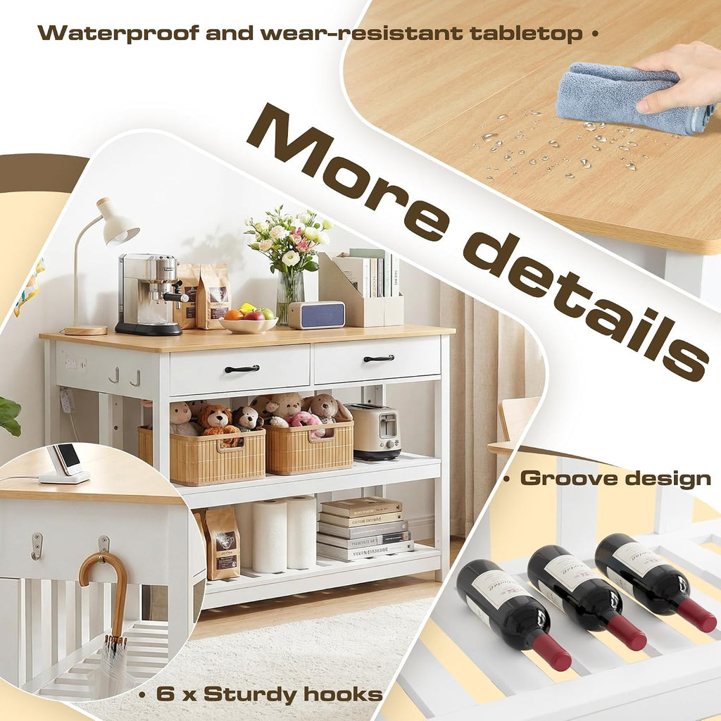 Grepatio Kitchen Island with Power Outlets, 47 Inches Width Kitchen Shelf with Large Worktop, Wooden Island Counter with Shelves, 2 Drawers, and 4 Hooks for Living Room, White and Natural
