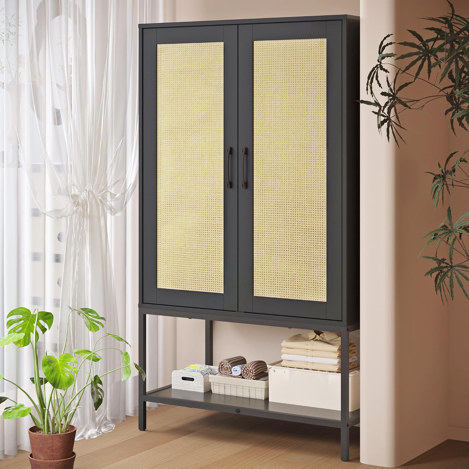Wooden Wardrobe Closet, 2 Doors Rattan Almirah with Hanging Rail, Soft Hinge, Metal Leg and Bottom Storage Shelf, Practical Closet Organizer for Bedroom (Black)