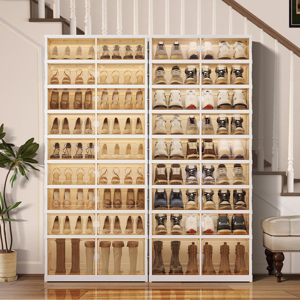 CIMLORD 9-Tier Foldable Shoe Rack Organizer with Wheels, 27 Pairs, White | Collapsible Large Plastic Shoe Cabinet, Fits Boots, Stackable, Clear Doors, Easy Assembly, Closet, Entryway, Living Room