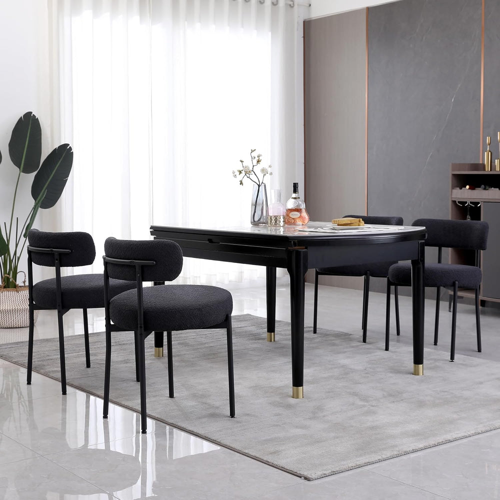 Black Dining Chairs Set of 4 Round Upholstered Boucle Dining Room Chairs Mid-...