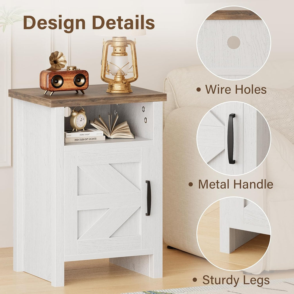 JUMMICO Farmhouse Nightstand, Modern Bedside Table with Barn Door and Shelf, Rustic End Table Side Table for Bedroom,Living Room(2, White)
