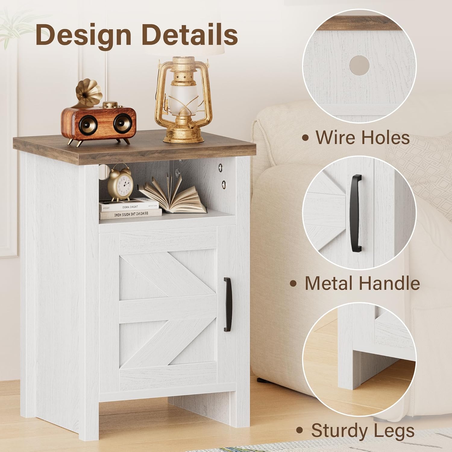 JUMMICO Farmhouse Nightstand, Modern Bedside Table with Barn Door and Shelf, Rustic End Table Side Table for Bedroom,Living Room(2, White)