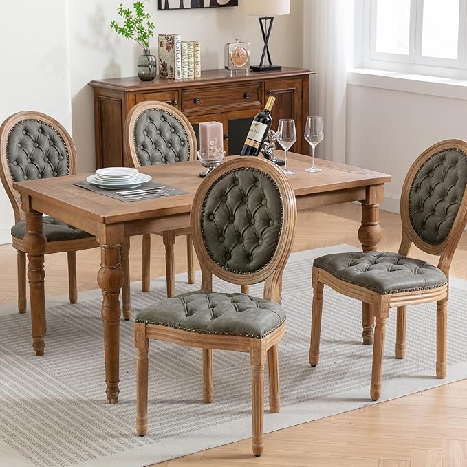 French Country Dining Chairs Set of 4, Olive Kitchen & Dining Room Chairs, Faux Leather Kitchen Chairs, Tufted Upholstered, Wood Legs, Sillas De Comedor (PU,Pine Green, 4Pcs)