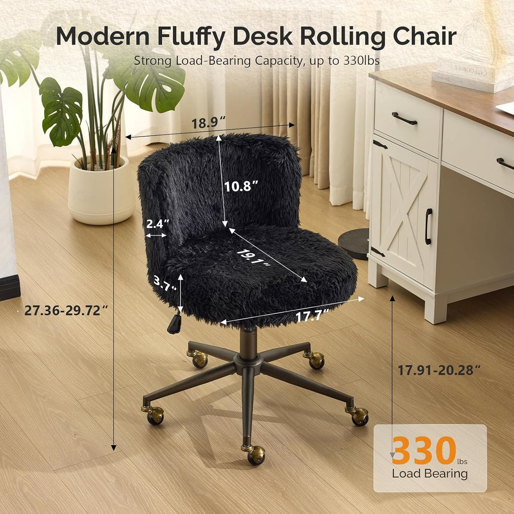 VINGLI Plush Upholstery Vanity Desk Chair with Curved Back & 90-102° Tilt & Adjustable Height, Cute Rolling Chair with Bronze Base & Golden-Bronze 360° Swivel Wheels for Makeup & Home Office, Black