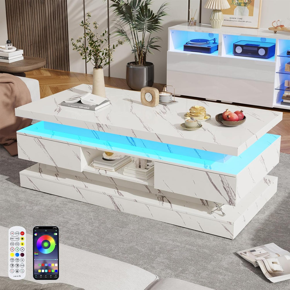 47.2 Inch Modern High Glossy LED Coffee Table with 2 Sliding Drawers, Double-...