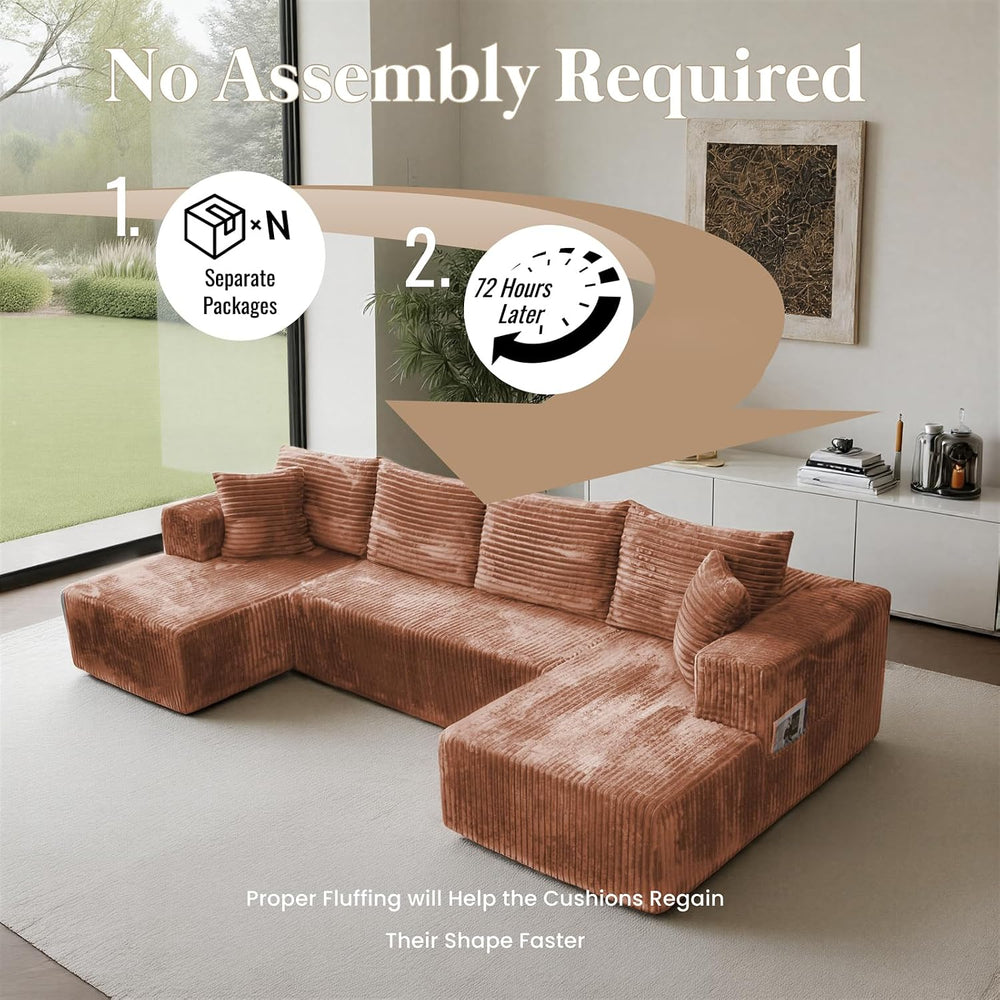 130'' U Shaped Boneless Couches, Corduroy Modular Sectional Sofa Brown