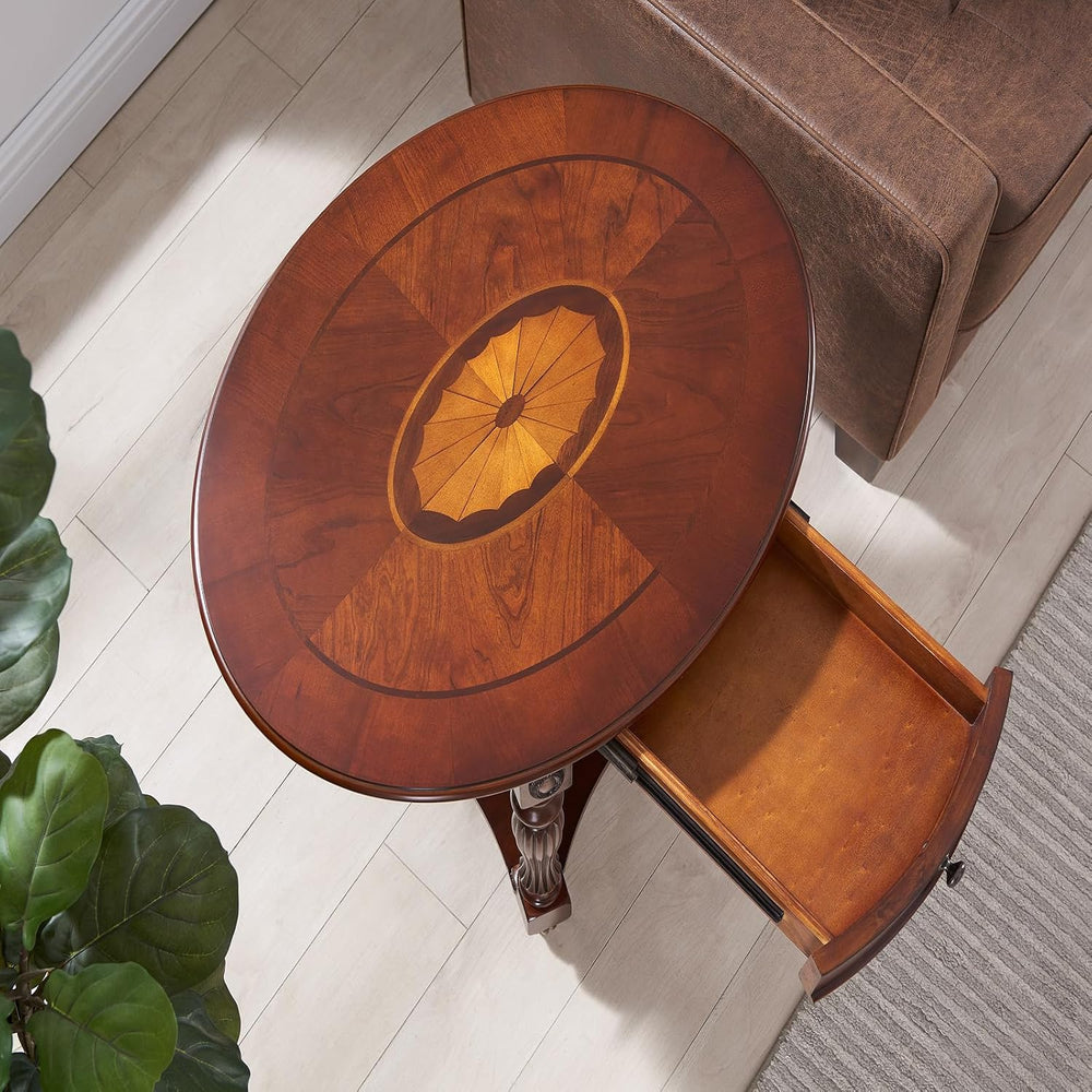 Solid Wood Oval End Table with Drawer, 28"x24" Sofa Side Table with...