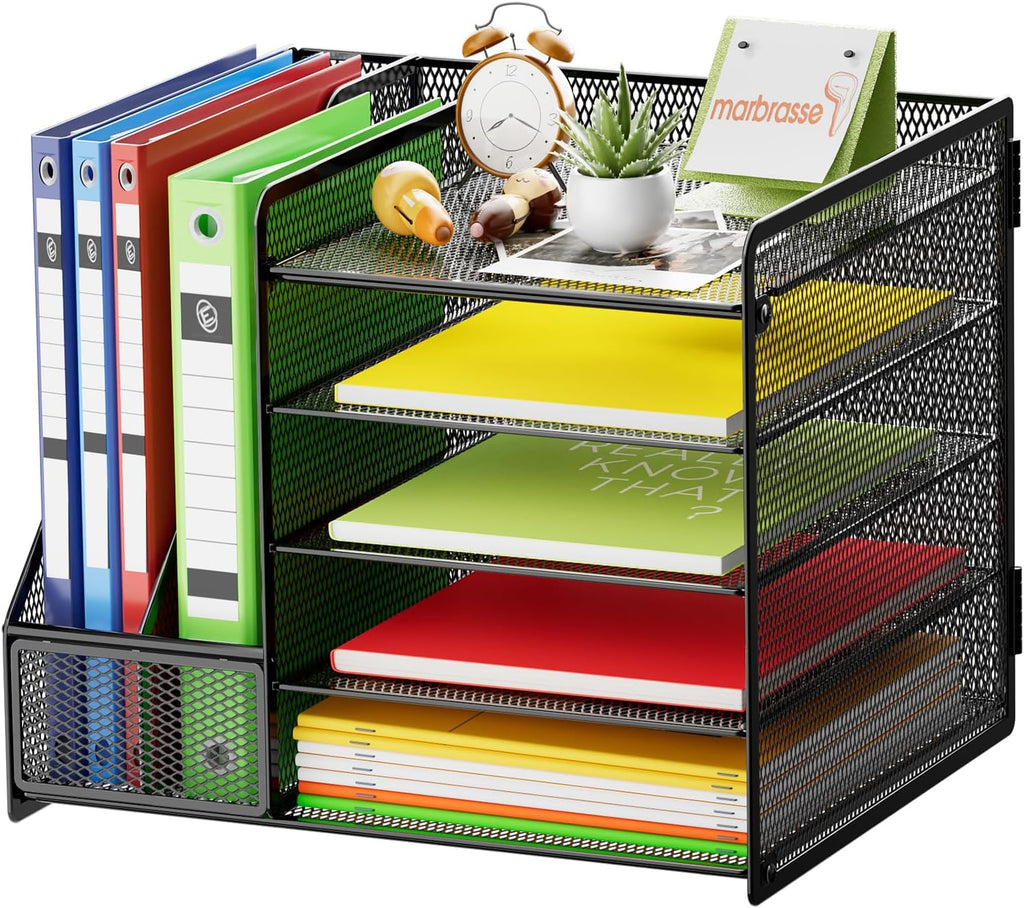 Marbrasse Desk Organizer with File Holder, 5-Tier Paper Letter Tray Organizer, Mesh Desk Organizers and Accessories with Magazine Holder, Desktop Storage for Office Supplies (Black)