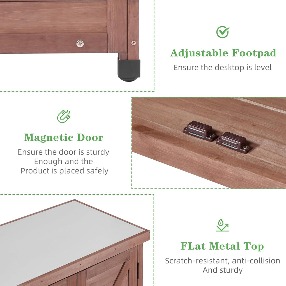 Outdoor Potting Bench with Storage Cabinet and Metal Top, Wood Workstation fo...