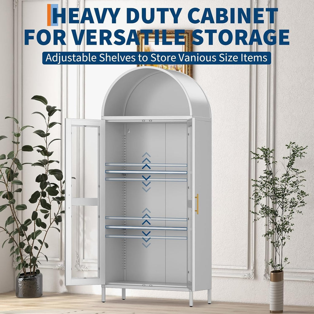 73 in Tall Arched Metal Storage Display Cabinet with Glass Door, Extra Large Capacity, 2 Adjustable Shelves, Modern Farmhouse Design for Kitchen Pantry,Living and Dining Room
