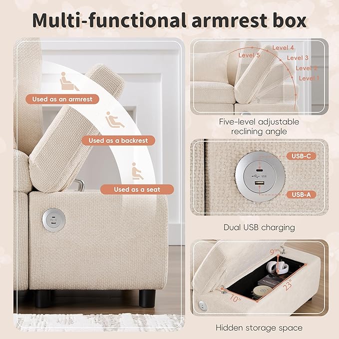 Ball & Cast Modular Convertible L-Shaped Sectional Sleeper Sofa Bed Pull Out Couch with Moveable Storage Ottoman,Oversized Chenille Pull-Out Sofa Bed W/Reclining Armrest&USB Port,for Living Room,Beige