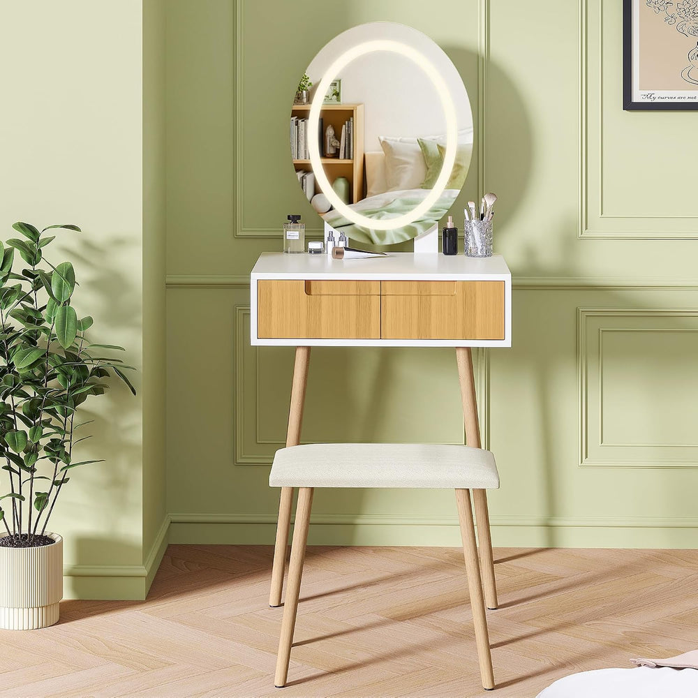 Small Vanity Desk with Mirror and Lights, Wooden Handles with Cushioned Stool...