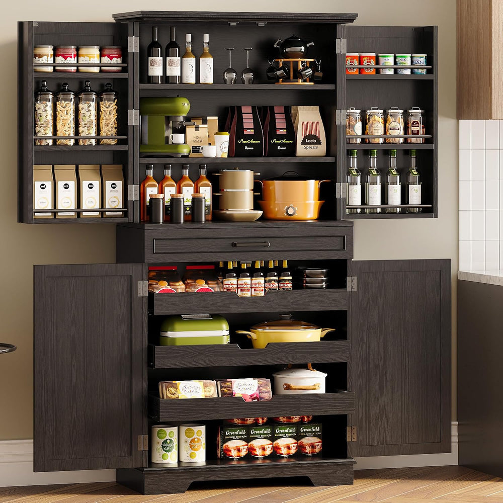 IRONCK 72" Farmhouse Kitchen Pantry Cabinet with Sliding Storage Rack,Bl...