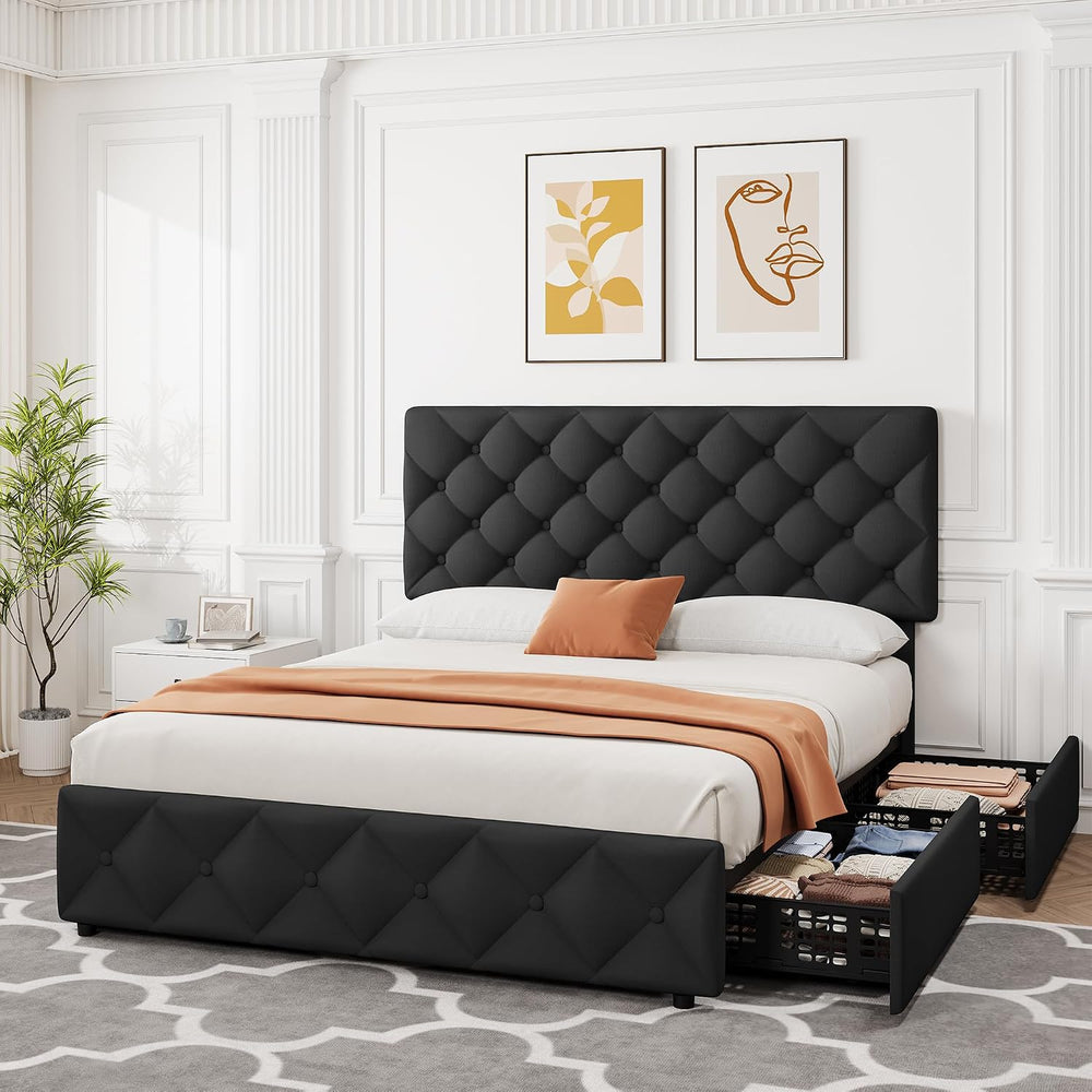 Queen Size Bed Frame with 4 Storage Drawers, Linen Upholstered Platform Bed F...