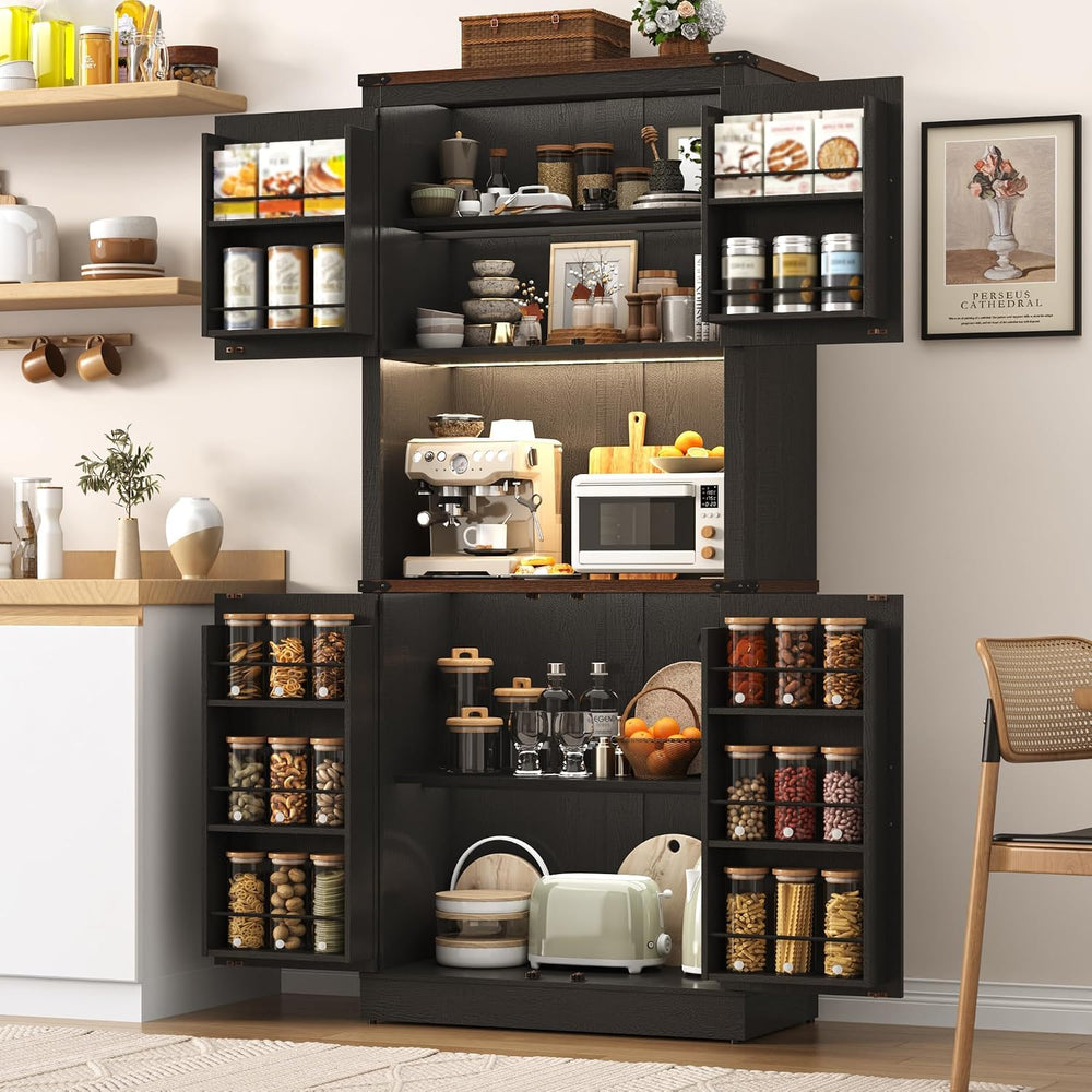 72" Tall Farmhouse Kitchen Pantry Cabinet with LED Light and Power Outle...
