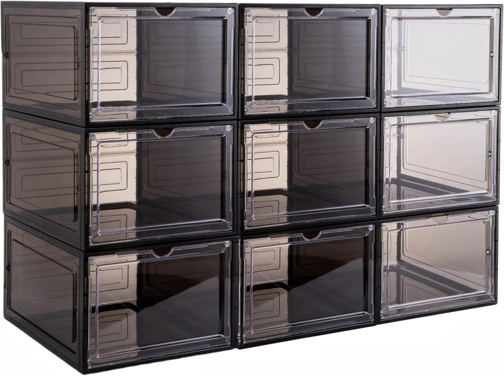 Attelite X-Large Clear Plastic Shoe Boxes - Stackable Shoe Organizer with Magnetic Door, Drop Front Display Box (9 Pack, Clear Black)