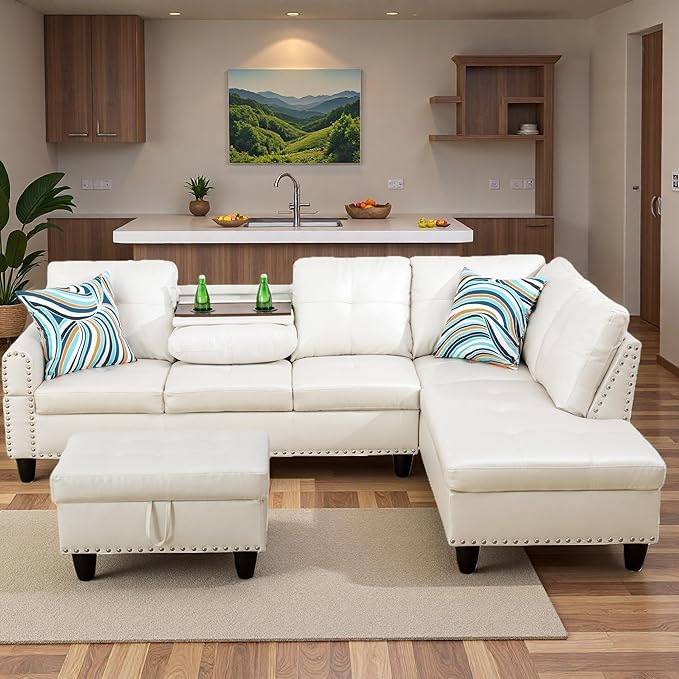 Sectional Couches for Living Room with Movable Chaise & Storage Ottoman - 97.5" Leather L Shaped Couches for Living Room Apartment, Home Modular Sectional Sofas with Cup Holder, White