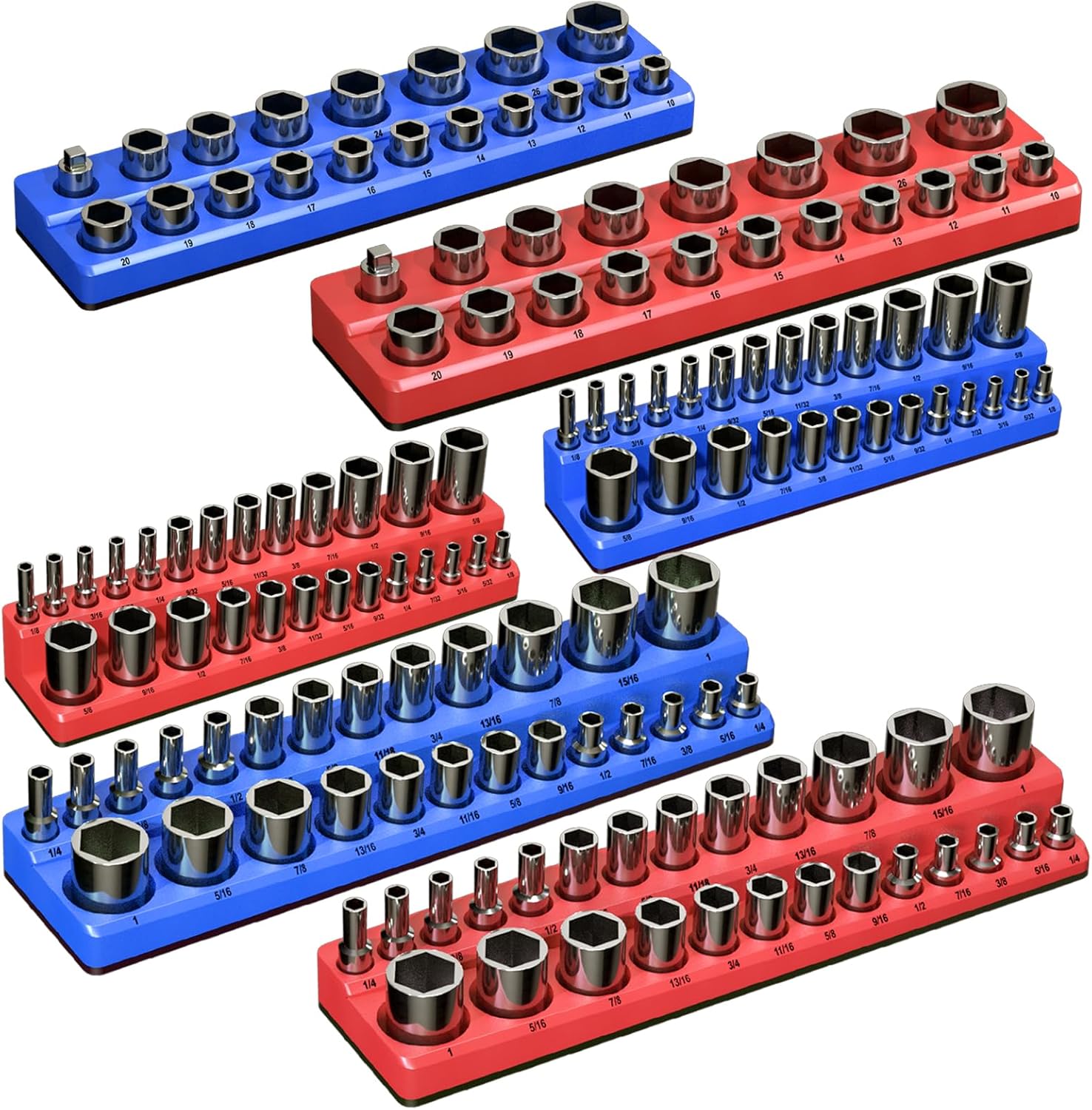 Magnetic Socket Organizer Set, 6-Piece Socket Holder Trays for 1/4" 3/8" 1/2" Drive, Holds up to 143 Sockets, Compatible with Metric and SAE Sizes (Blue & Red)