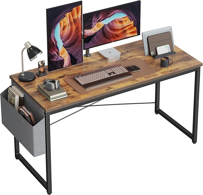 Cubiker Computer Desk 55 inch Home Office Writing Study Desk, Modern Simple Style Laptop Table with Storage Bag, Brown