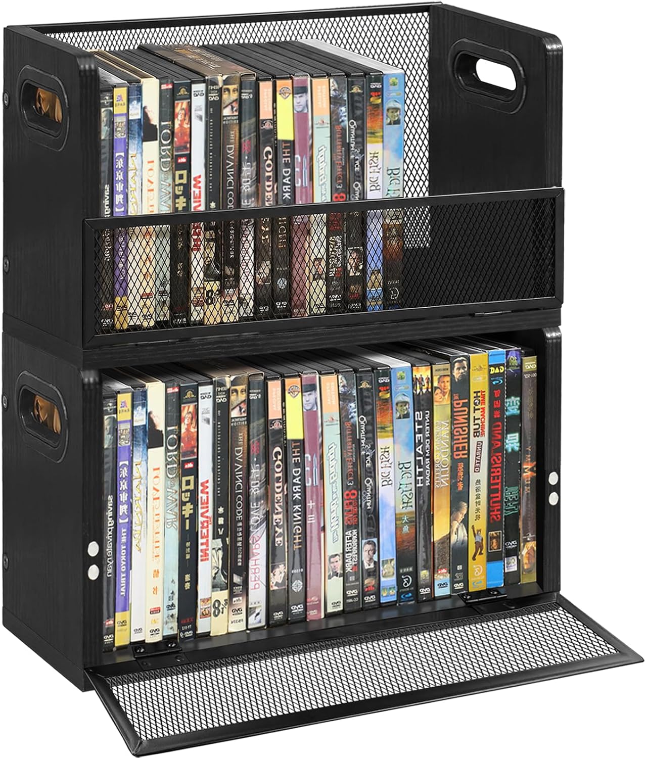 DVD Storage Rack 2-Pack with Handles, Holds 56 DVD or 64 Blu-ray Cases | Portable DVD Case Holder for Desktop, Closet, Video Games, Books & Movies, Black