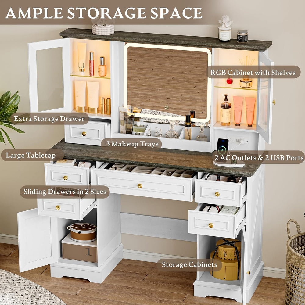 Xixini 43.3" Farmhouse Vanity Desk with LED Mirror, RGB Cabinets, White