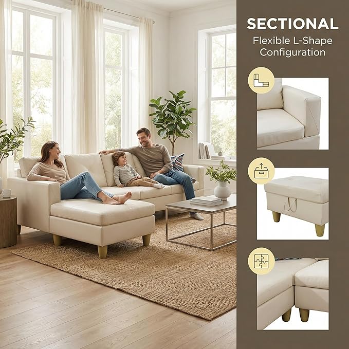 3-Piece L-Shaped Modular Leather Sofa – Convertible Sectional Couch with Movable Chaise & Storage Ottoman, Multi-Scene Use for Living Room, Apartment & Office, White
