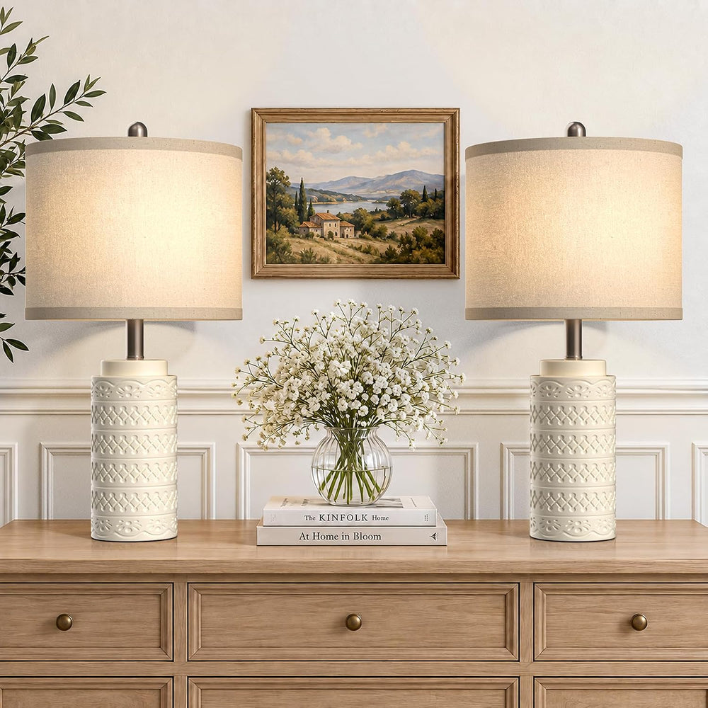 Modern Ceramic Table Lamp Set of 2 for Bedroom, White Bedside Lamp with Fabri...