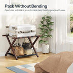 HOOBRO Luggage Rack, Folding Luggage Holder, Bamboo Suitcase Stand, with Fabric Storage Shelf, Suitcase Holder for Guest Room, Hotel, Bedroom, Brown and Black BR20XL01