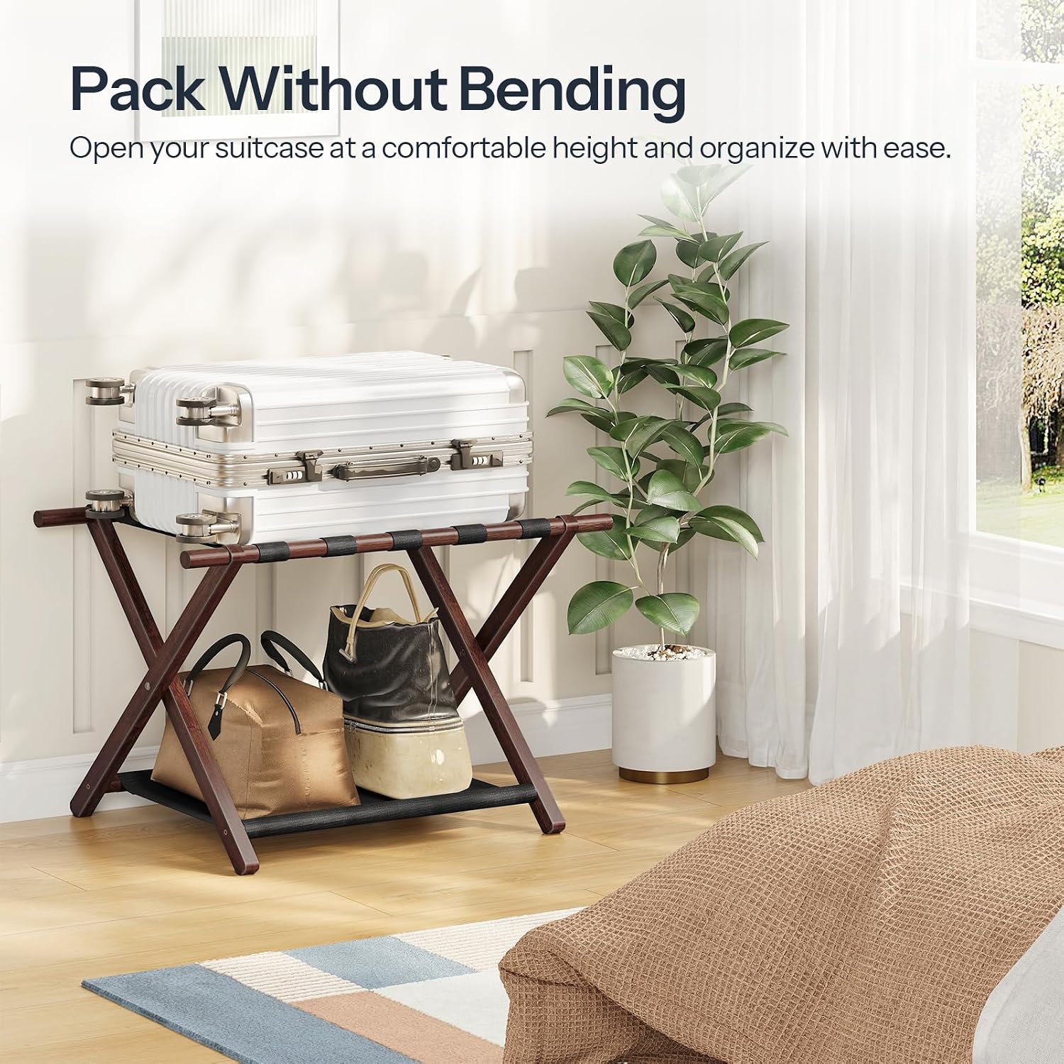HOOBRO Luggage Rack, Folding Luggage Holder, Bamboo Suitcase Stand, with Fabric Storage Shelf, Suitcase Holder for Guest Room, Hotel, Bedroom, Brown and Black BR20XL01