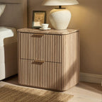 Fluted Nightstand with 2 Drawers, Bedside Table with Faux Marble-Top, Engineered Wood End Table with Curved Corners, Metal Handle, Modern Night Stand for Bedroom, Small Spaces, Natural Oak