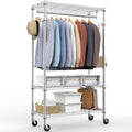 Heavy Duty Rolling Garment Rack 3 Tiers Adjustable Wire Shelving Clothes Rack with Rods and Side Hooks,Storage Closet Clothing Rack with Wheels Chrome 15.7" D x 29.5" W x 74.5" H