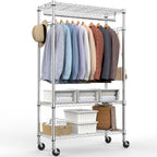 Heavy Duty Rolling Garment Rack 3 Tiers Adjustable Wire Shelving Clothes Rack with Rods and Side Hooks,Storage Closet Clothing Rack with Wheels Chrome 15.7" D x 29.5" W x 74.5" H