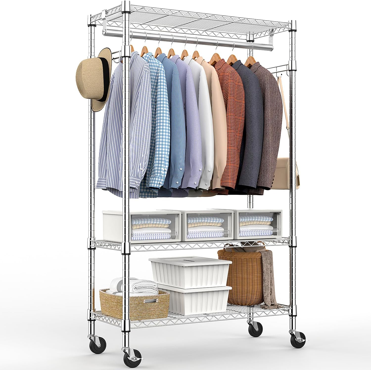 Heavy Duty Rolling Garment Rack 3 Tiers Adjustable Wire Shelving Clothes Rack with Rods and Side Hooks,Storage Closet Clothing Rack with Wheels Chrome 15.7" D x 29.5" W x 74.5" H