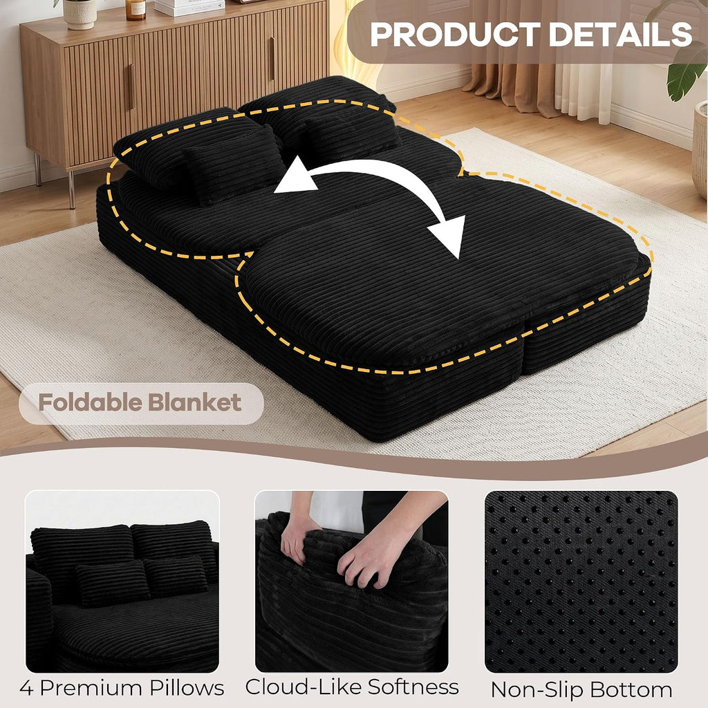 75'' Folding Sleeper Sofa Bed, Memory Foam Boneless Couch | Full Size Guest Bed Mattress, Modern 2-in-1 Floor Deep Seat Sleeper Sofa with 4 Pillows and Blanket | Corduroy Black