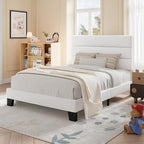 Allewie Twin Size Platform Bed Frame with Velvet Upholstered Headboard and Wooden Slats Support, Fully Upholstered Mattress Foundation/No Box Spring Needed/Easy Assembly, White
