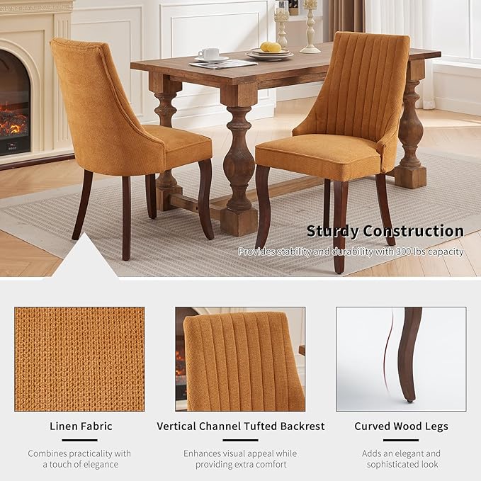 Gold Mid Century Dining Chairs Set of 4, Modern Kitchen & Dining Room Chairs Set of 4, Linen Upholstered Kitchen Chairs, Sillas de Comedor, Wood Legs (Yellow, 4 Pcs)