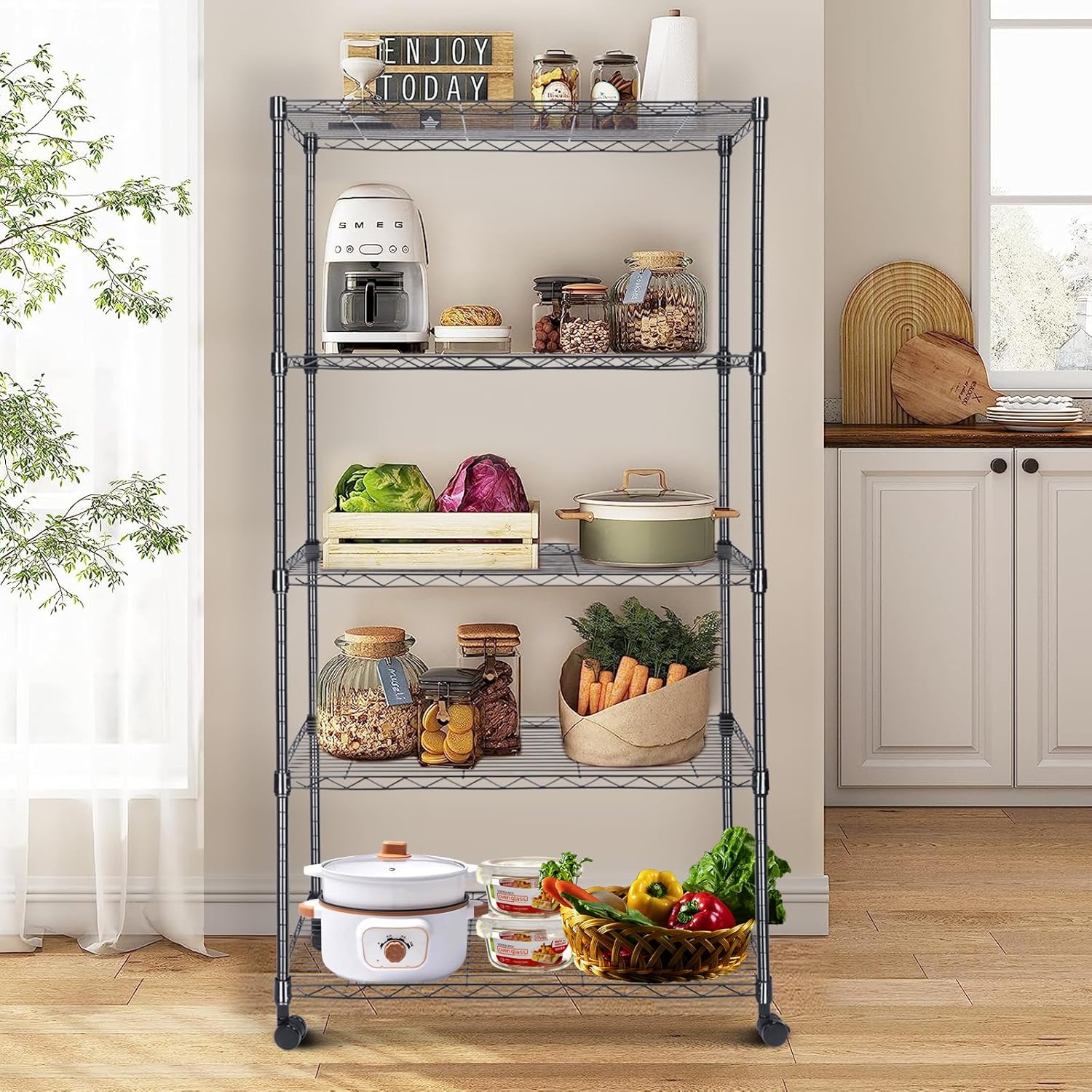 Whitmor 5 Tier Shelving Unit, Adjustable Storage Shelves with Wheels, 400 lbs Capacity per Shelf, Max 2000 lbs Total for Pantry, Kitchen, Garage, 30" L x 14" W x 60" H, Black