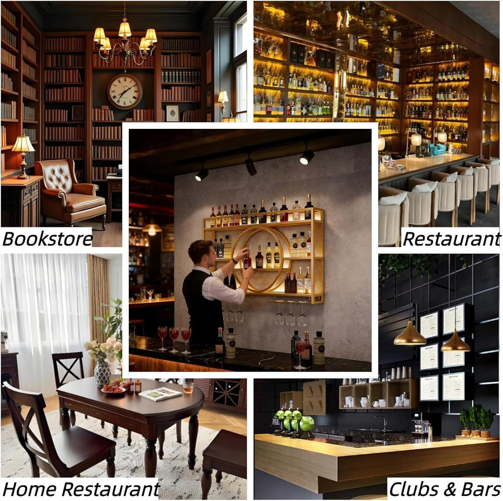47.2" Wall Mounted Wine Rack with LED Light and Glass Holder | Industria...