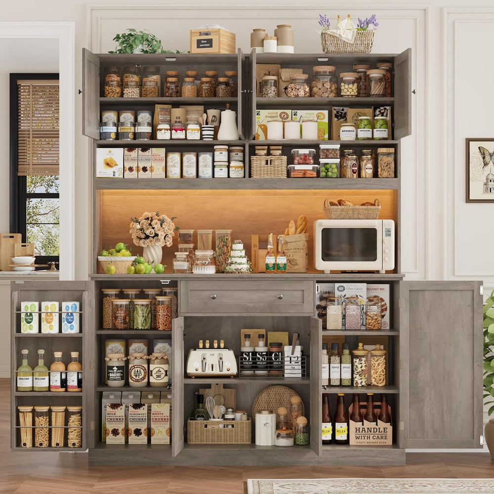 HIFIT 72.8” Tall Kitchen Pantry Cabinet with LED & Charging Station, 55” ...