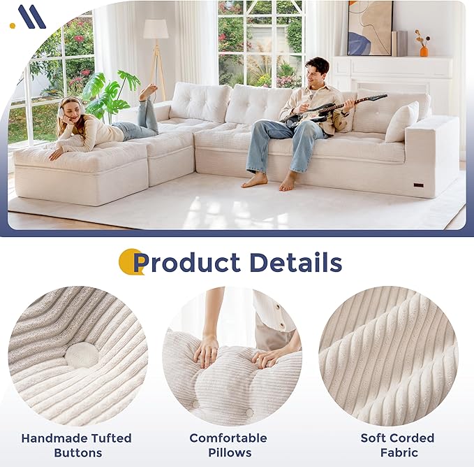MAXYOYO 132" U Shaped Modular Sectional Sofa with 2 Ottomans, Cloud Boneless Couch with Layered Cushion, Flexible Module Combination Sofa for Living Room, No Assembly Required, Beige