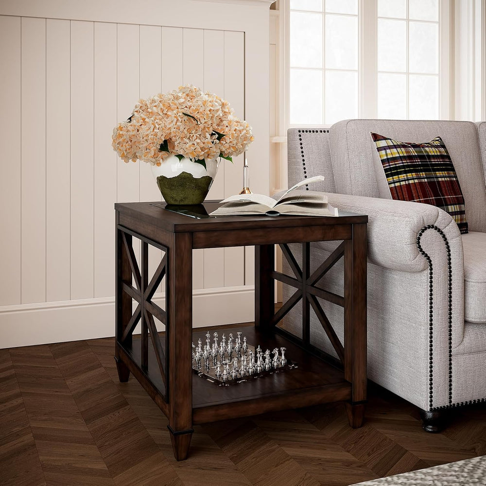 Set of 2 Solid Wood End Tables with Tempered Glass Top, 28" x 24" L...