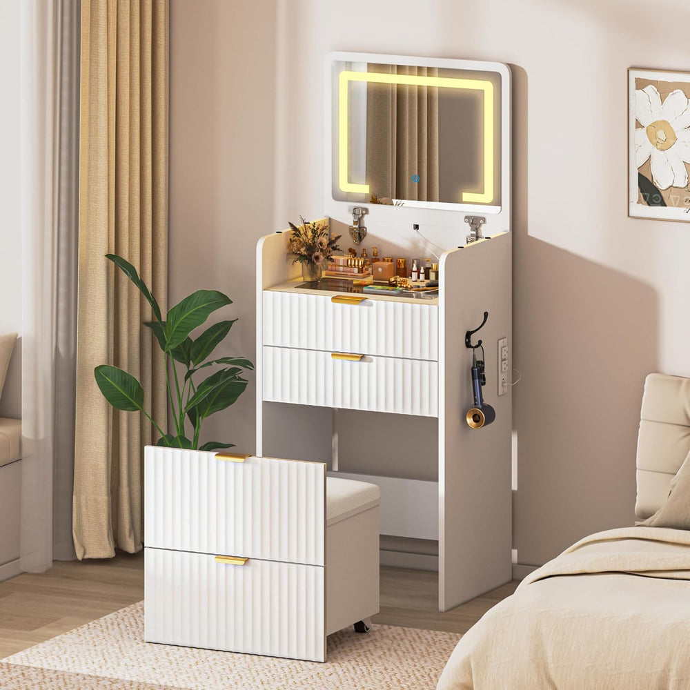 3 in 1 Vanity Desk with Flip Top Mirror and Lights, Small Makeup Vanity with ...