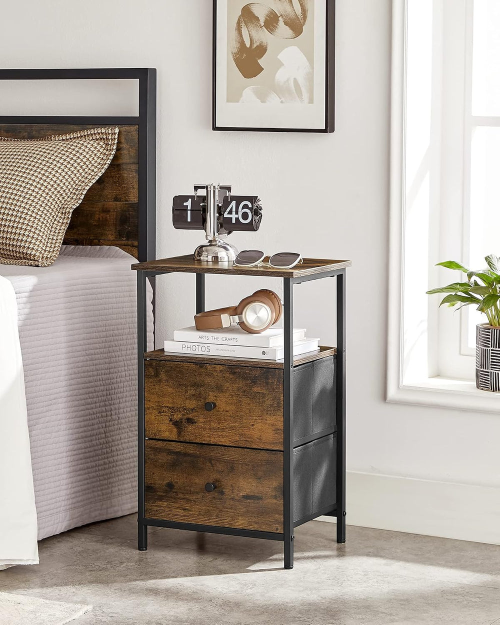 VASAGLE Nightstand, 24-Inch Tall Side Table with 2 Fabric Drawers and Storage...