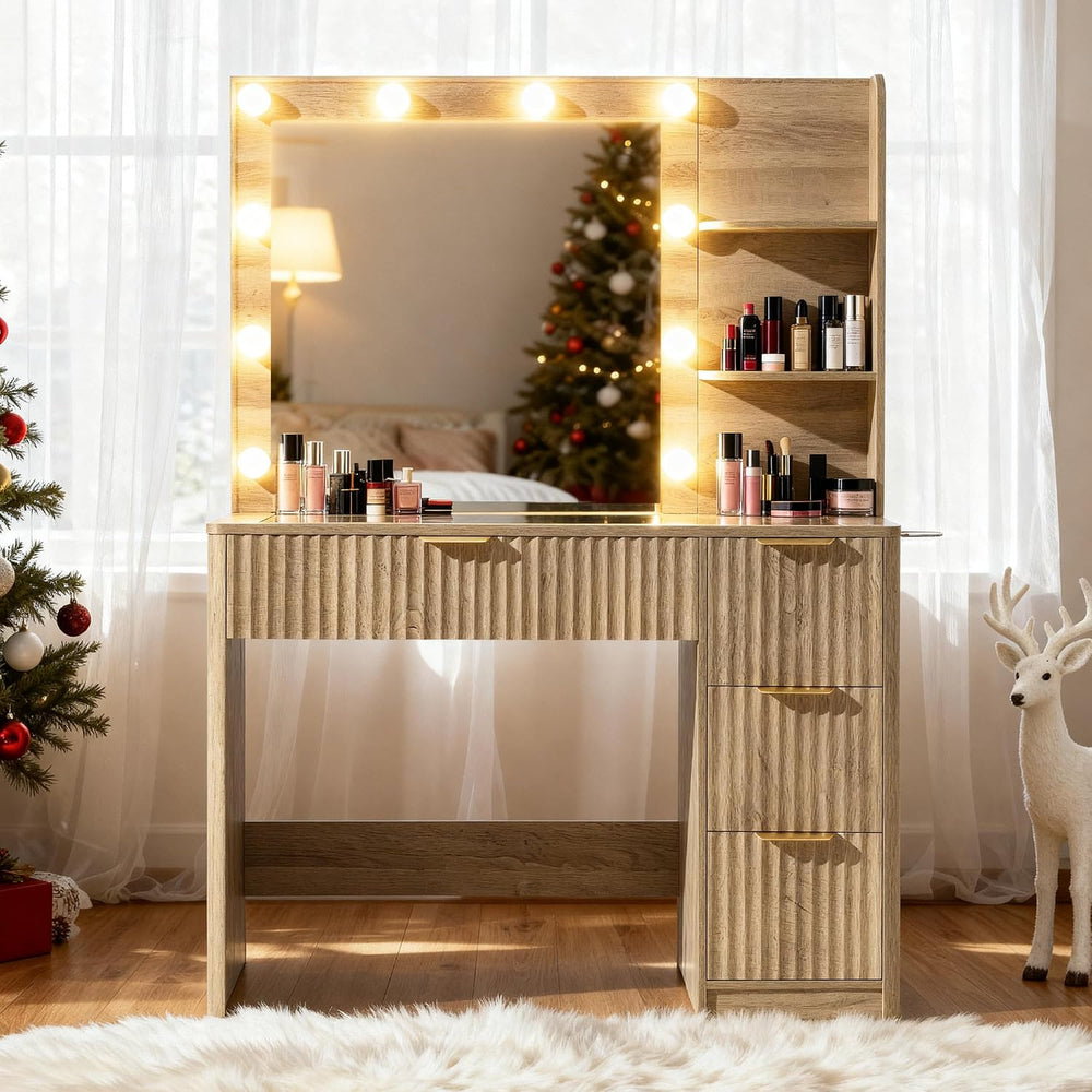 LUXOAK 36" Makeup Vanity Desk with Mirror & LED Lights, Oak | Fluted...