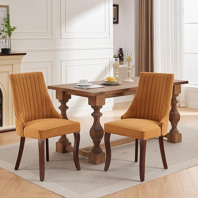 Dining Chairs Set of 2，Linen Channel Tufted Kitchen Dining Room Chair with Curved Solid Wood Legs, Comfortable Fabric Upholstered Dining Chair for Dining Room, (Gold, 2pc)