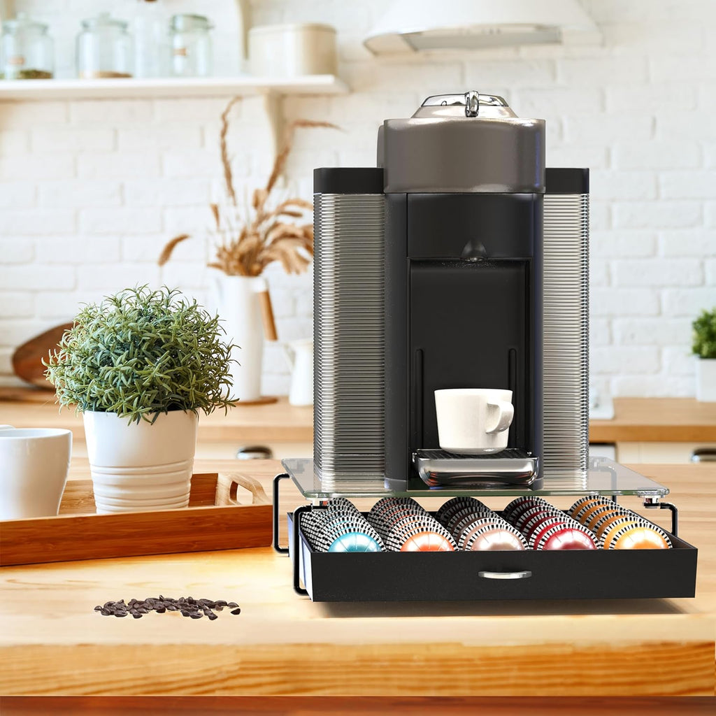 DecoBrothers Crystal Tempered Glass Vertuo Pod Holder Drawer, 30 Large or 60 Small Nespresso Capsule Organizer, Black