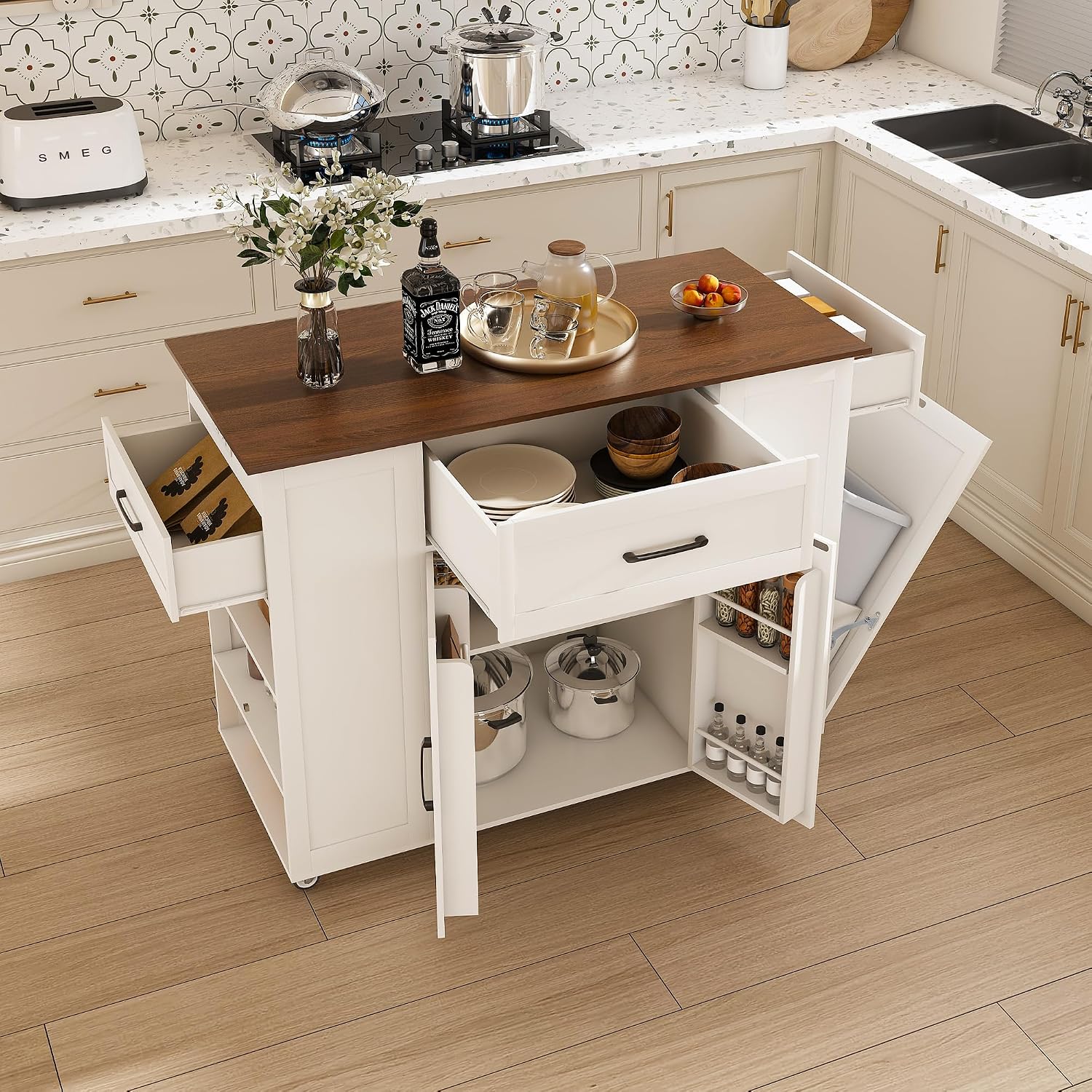 46" Kitchen Island with Power Outlet, Kitchen Storage Island with Drawer, Rolling Cart on Wheels, Wood Top with Adjustable Shelf and Trash Storage Cabinet, for Home, Dining Room (White, 46")
