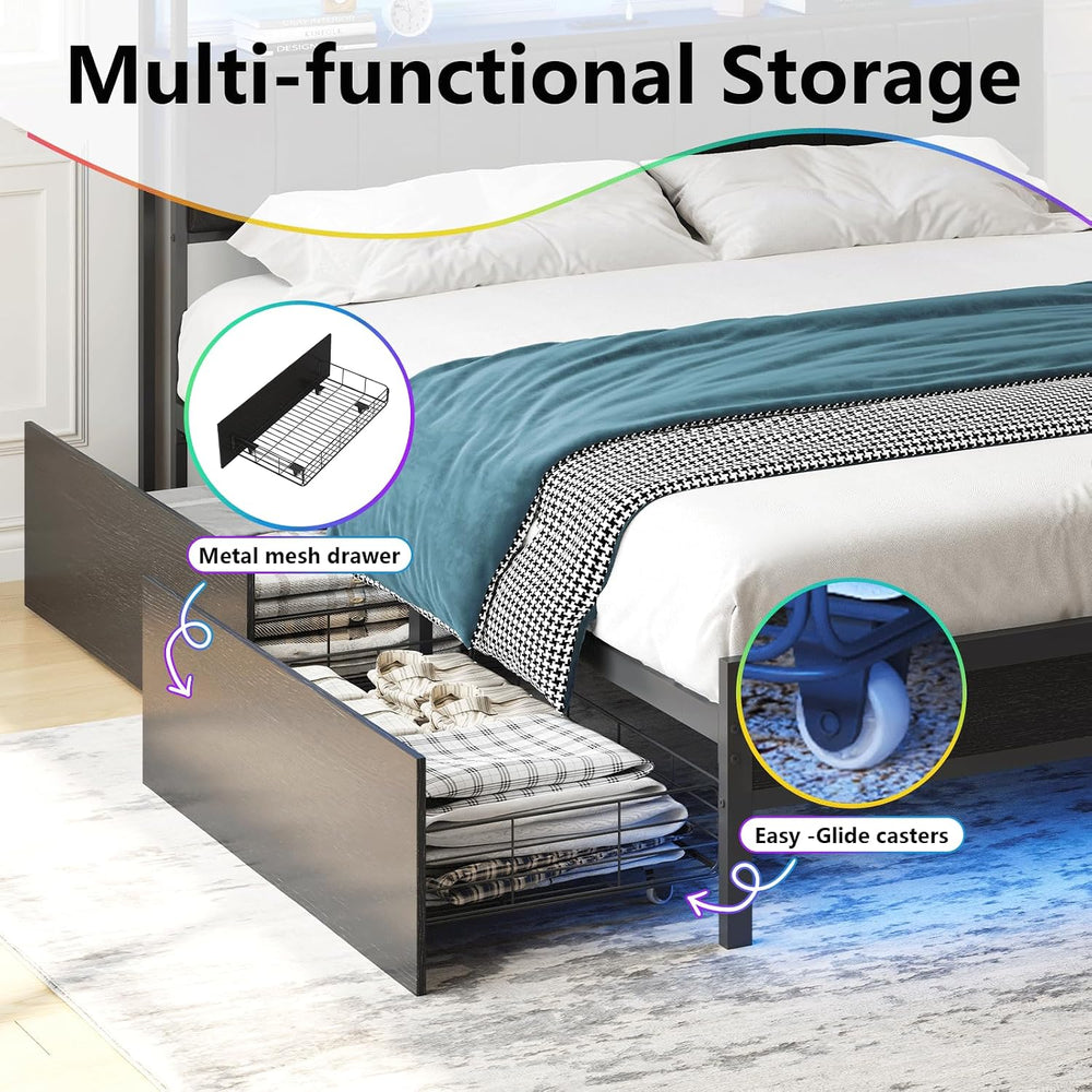 Full Bed Frame with 2 Storage Drawers & Built in Charging Station