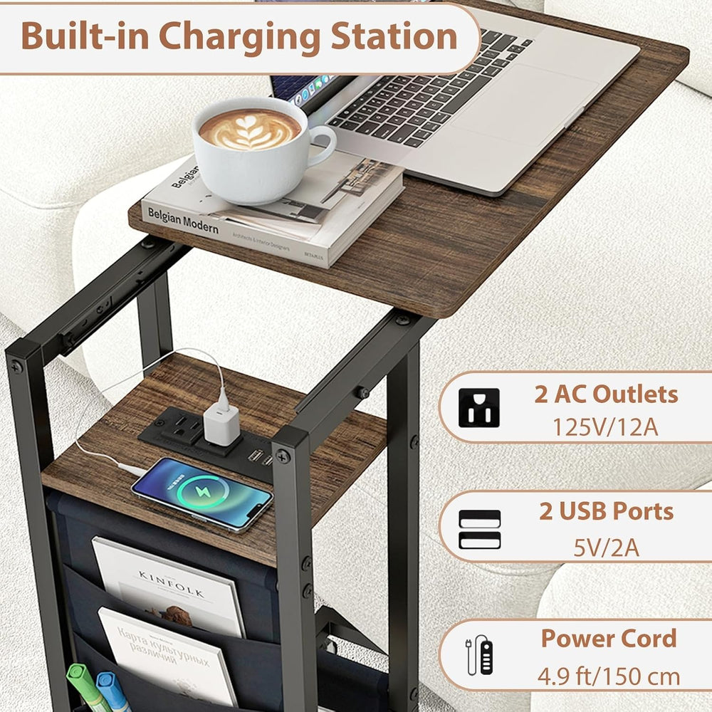Giantex C Shaped End Table with Charging Station, 27’’H Slide Under Couch Sid...